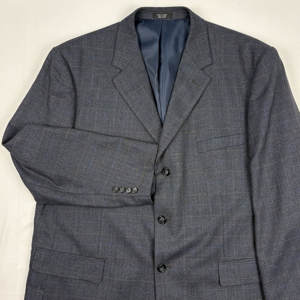 Jones New York Wool Birdseye 3-Button Sport Coat 48R Blue/Gray Windowpane Check